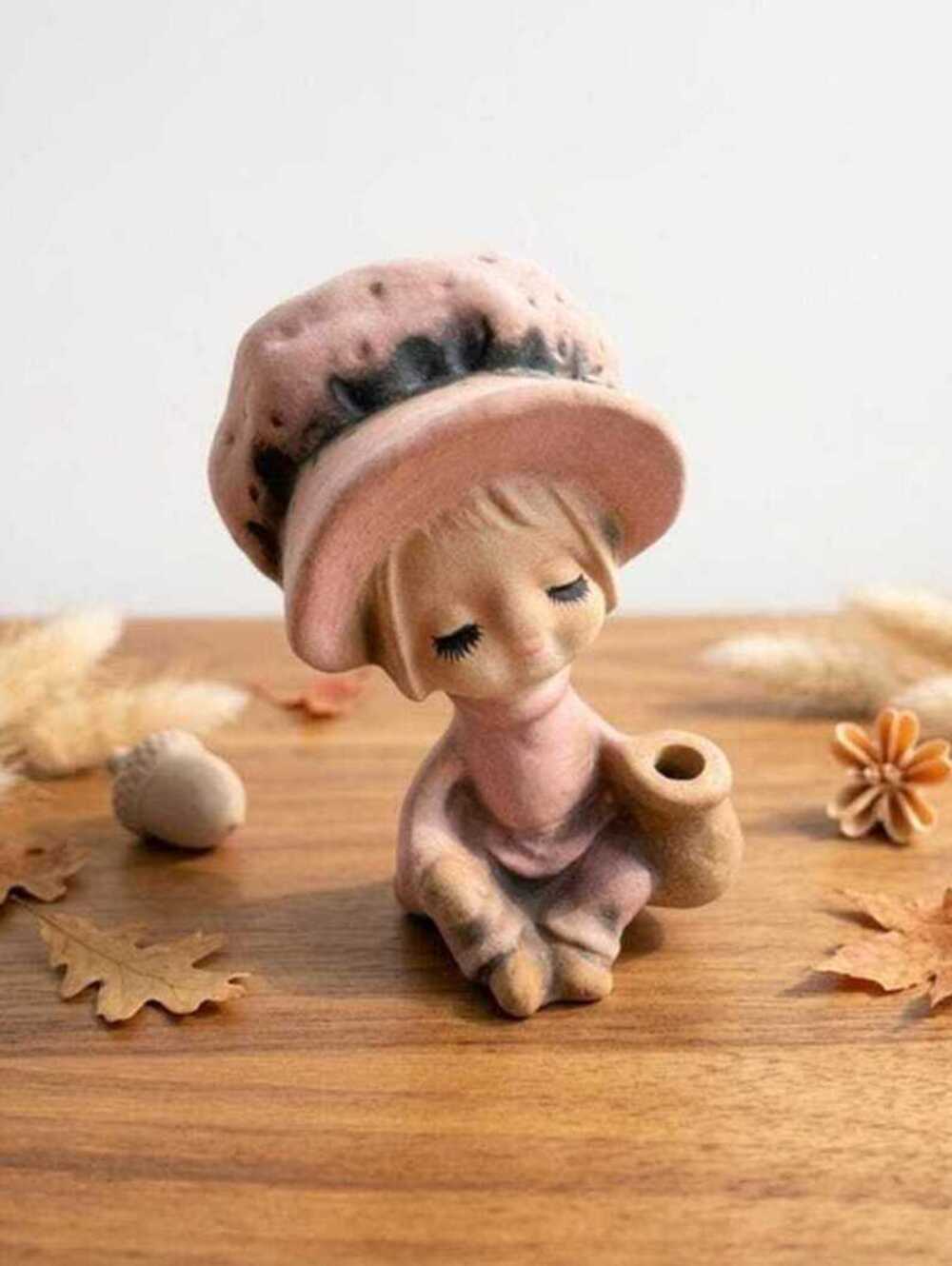 Vintage Japan Pixie Figurine Bud Vase, Blush Pink Mid Century Elf Decor